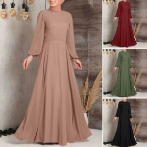 Women's Fashionable High Waist Lantern Sleeve Long Dress